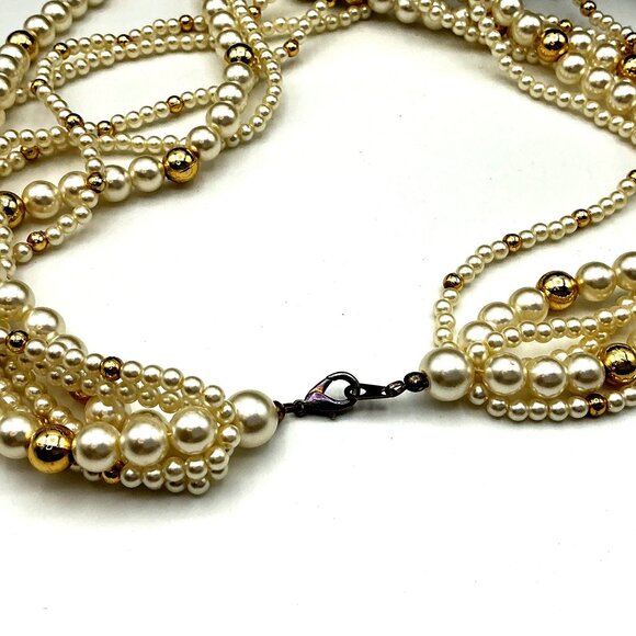 Multi-Strand Faux Pearl & Gold Beaded Necklace With Lobster Clasp Closure - Picture 4 of 4